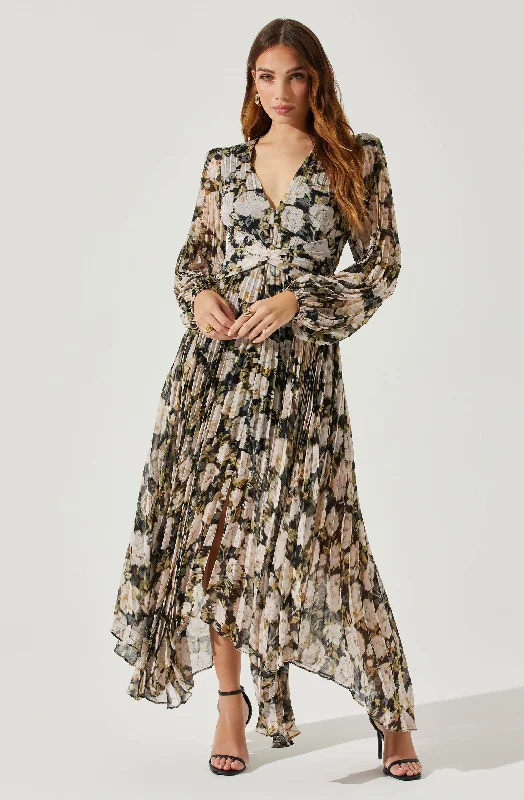 Limited Offer Ayana Floral Pleated Long Sleeve Maxi Dress