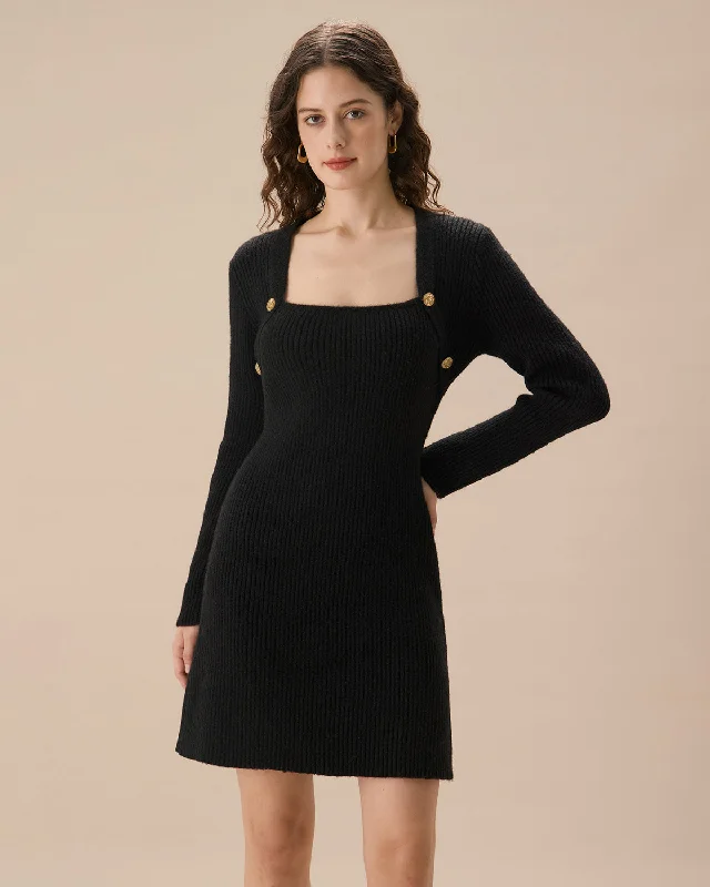 Shop Now and Save Black Square Neck Button Sweater Dress