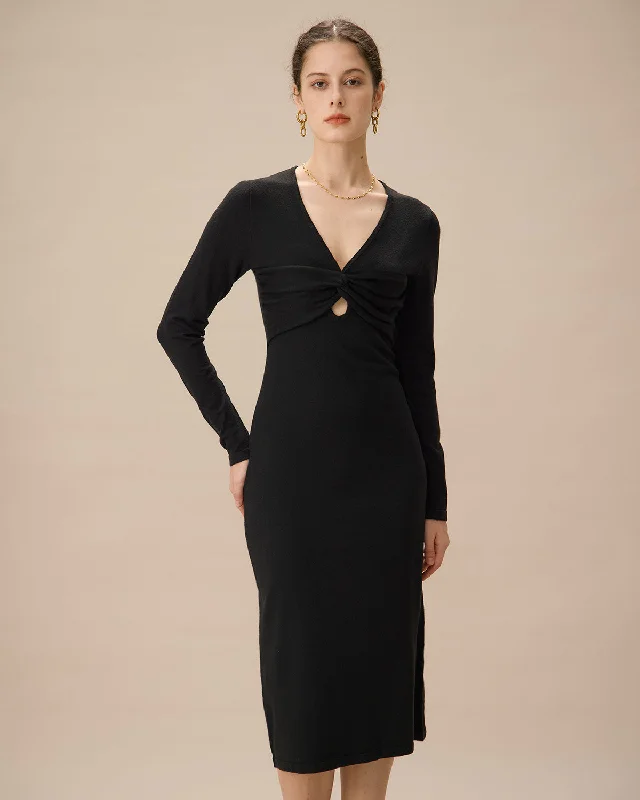 Only for You Black V Neck Cut Out Bodycon Sweater Dress