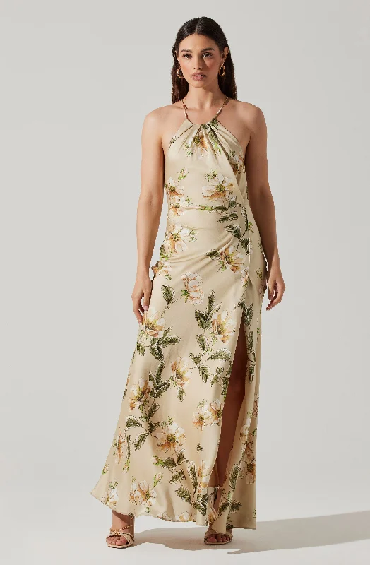 Weekend Only Deals Elynor Satin Floral Halter Maxi Dress