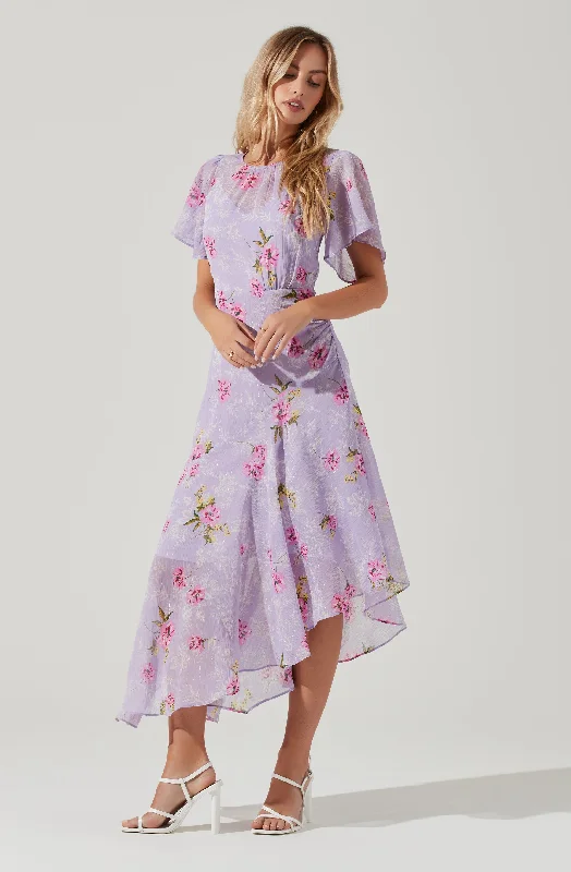 Limited Edition Flutter Sleeve Asymmetrical Floral Maxi Dress