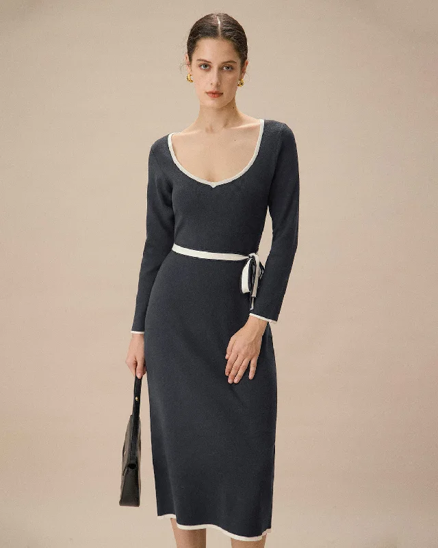 Weekend Only Sale Grey Contrasting Tie Bodycon Sweater Dress