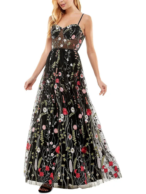 Deal Frenzy Juniors Womens Floral Embroidered Evening Dress