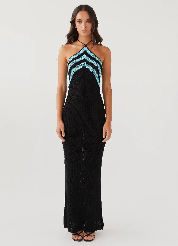 Exclusive Deals Masterpiece Halterneck Crochet Maxi Dress - Azure Stripe