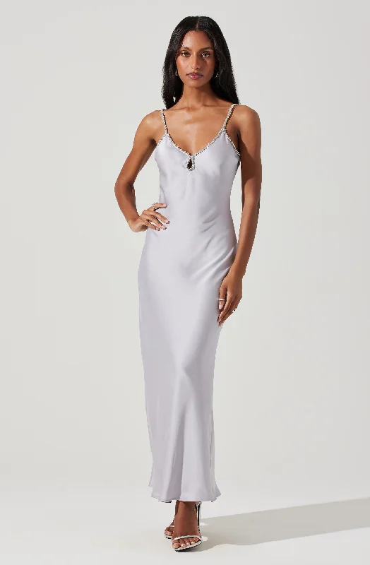 Nilana Rhinestone Trim Satin Maxi Dress