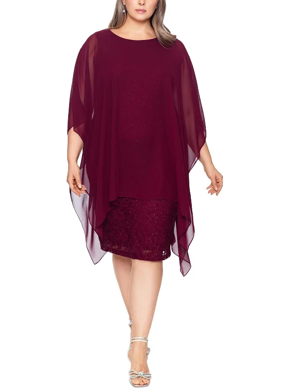 Limited Quantity Plus Womens Chiffon Overlay Knee Length Shift Dress
