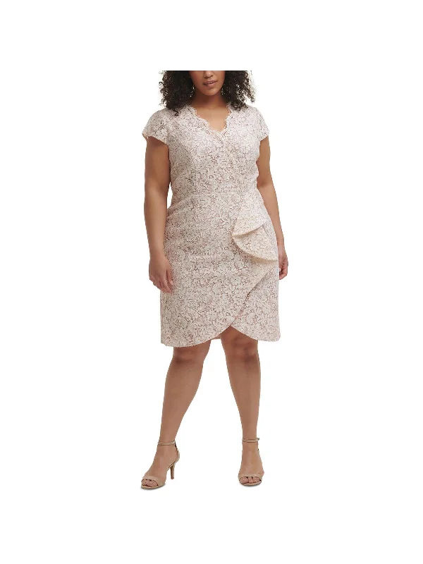 Weekend Discount Blast Plus Womens Lace Ruffle Cocktail and Party Dress