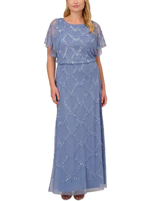 Savings Galore Plus Womens Mesh Embellished Evening Dress