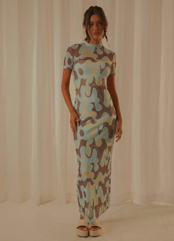 Savings Galore Remix Mesh Maxi Dress - Dusty Blue