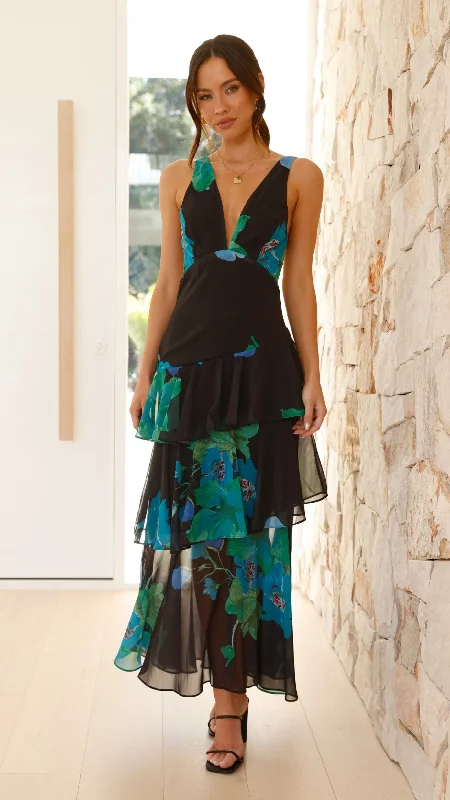 Exclusive Flash Sale Sachiko Maxi Dress - Black / Green / Blue Floral