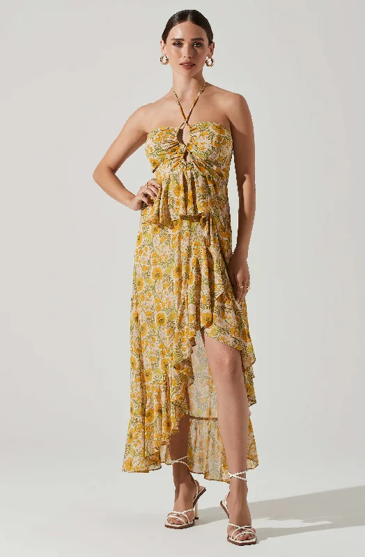 Weekend Steals and Deals Vivee Floral Asymmetrical Halter Maxi Dress