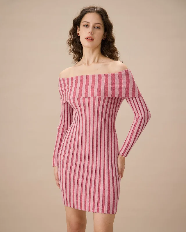 One-Day Sale Pink Striped Off The Shoulder Bodycon Sweater Dress