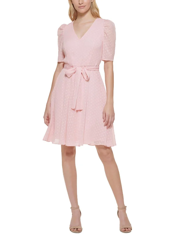 Weekend Price Slash Womens Swiss Dot Puff Sleeve Fit & Flare Dress