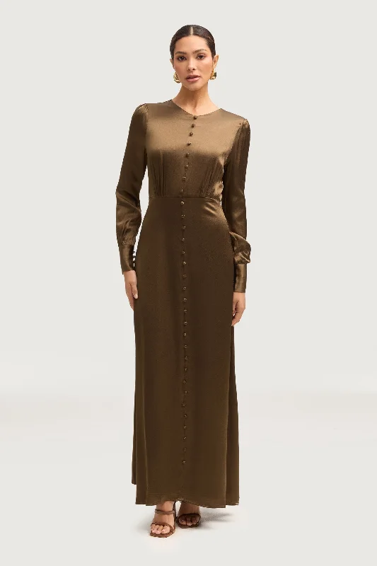 Unbeatable Flash Deals Aafiyat Button Front Silk Maxi Dress - Olive Night