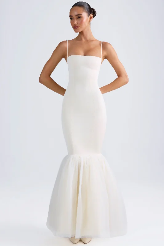 Weekend Deal Fever Tulle Hem Fishtail Gown in Ivory