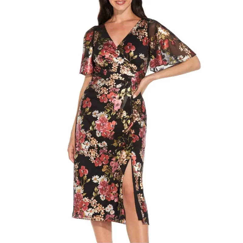 Adrianna Papell Floral Foiled Print Mesh Draped Midi Dress