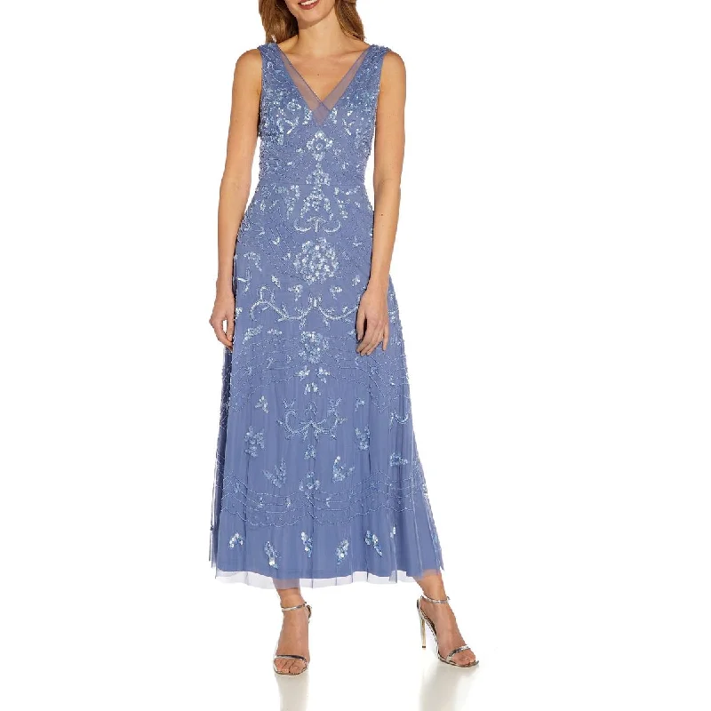 Big Bargain Bonanza Adrianna Papell Women's Sequined Mesh Trim V-Neck Tea Length Evening Dress