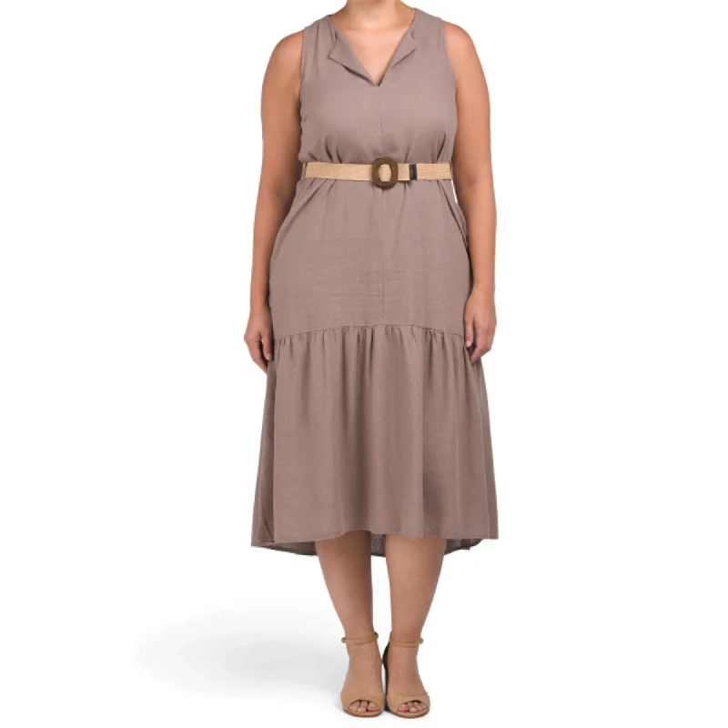 Adyson Parker Linen Belted Split Neck Tiered Midi Dress