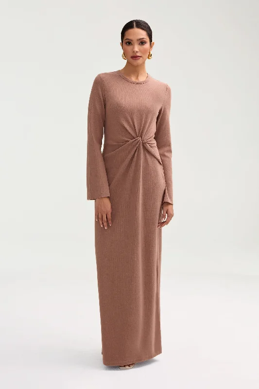 Deal Frenzy Aissia Ribbed Twist Front Maxi Dress - Brownie