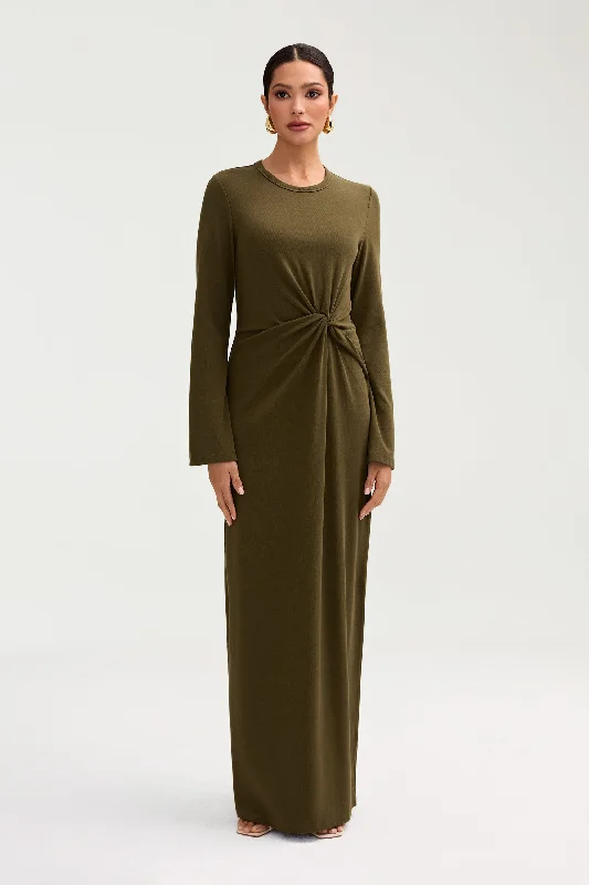 Price Slash Alert Aissia Ribbed Twist Front Maxi Dress - Olive Night