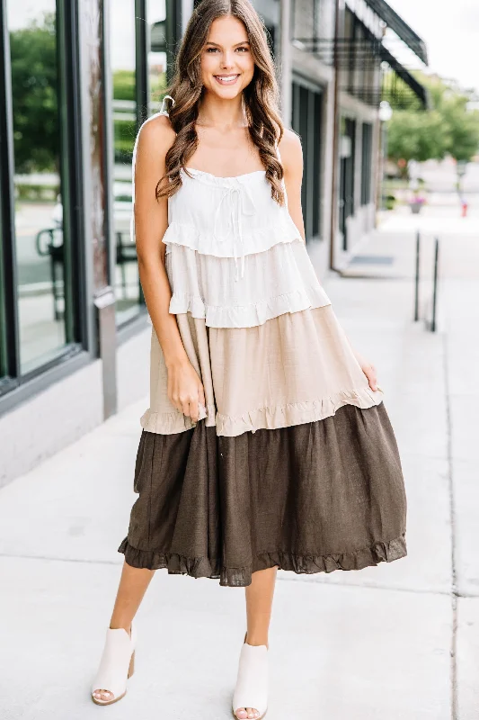 Big Sale Event All For Fun Brown Ruffled Midi Dress