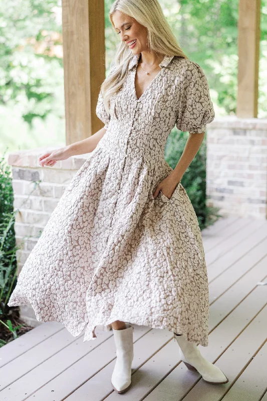 Weekend Only Deals All Going To Plan Taupe Floral Brocade Midi Dress