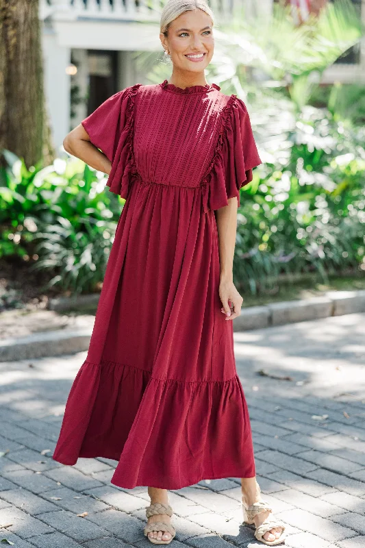 Limited-Time Deal All The Good Burgundy Red Ruffled Midi Dress
