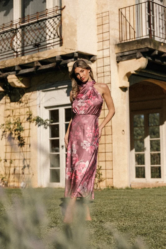 Weekend Special Offers Anabelle Halter Neck Midi Dress - Dark Rose Floral