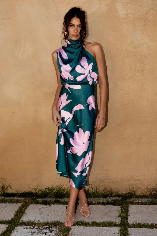 Weekend Only Sale Anabelle Halter Neck Midi Dress - Green Pink