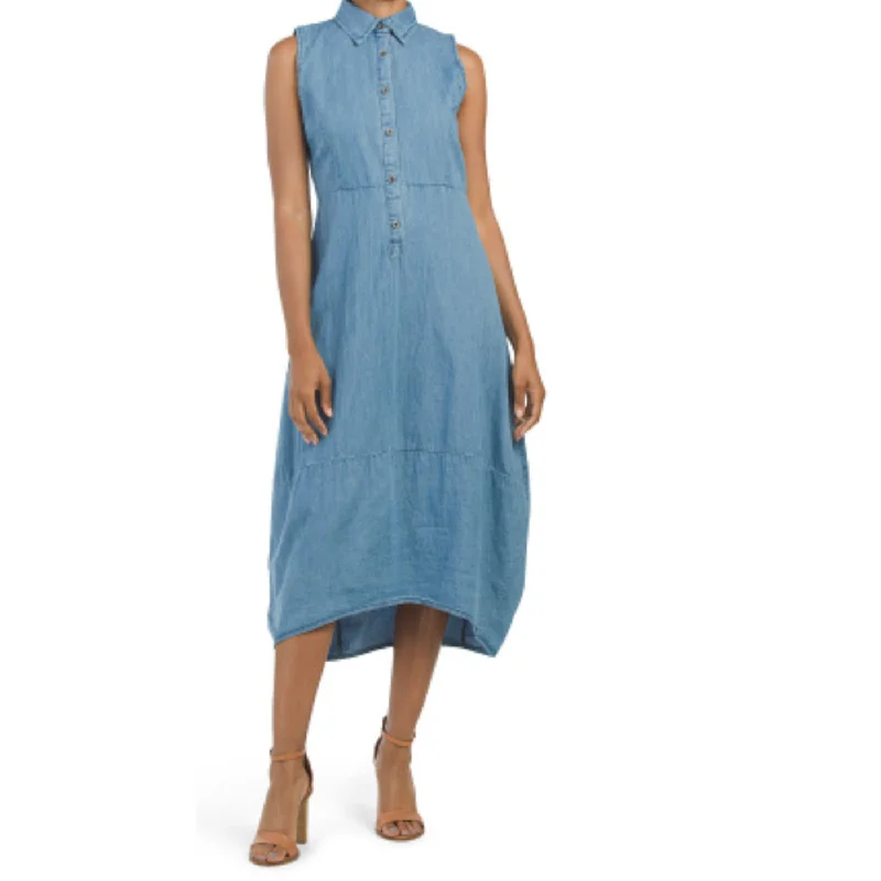 Rosarosae Women's Made In Italy Collared Button Front Denim Midi Dress