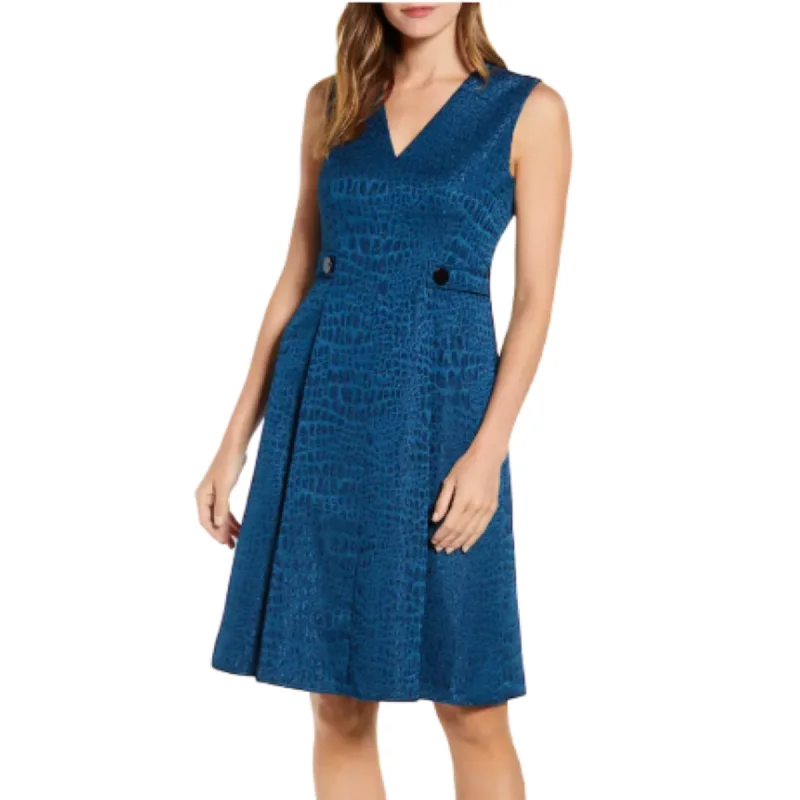 ANNE KLEIN Women's Textured Jacquard Fit & Flare V-Neck Pleated Midi Dress