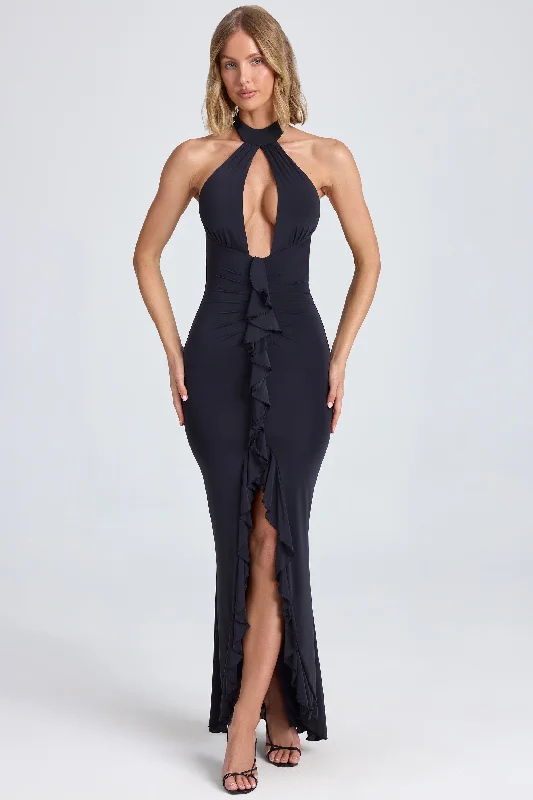 Weekend Price Slash Event Halterneck Ruffle-Trim Gown in Black