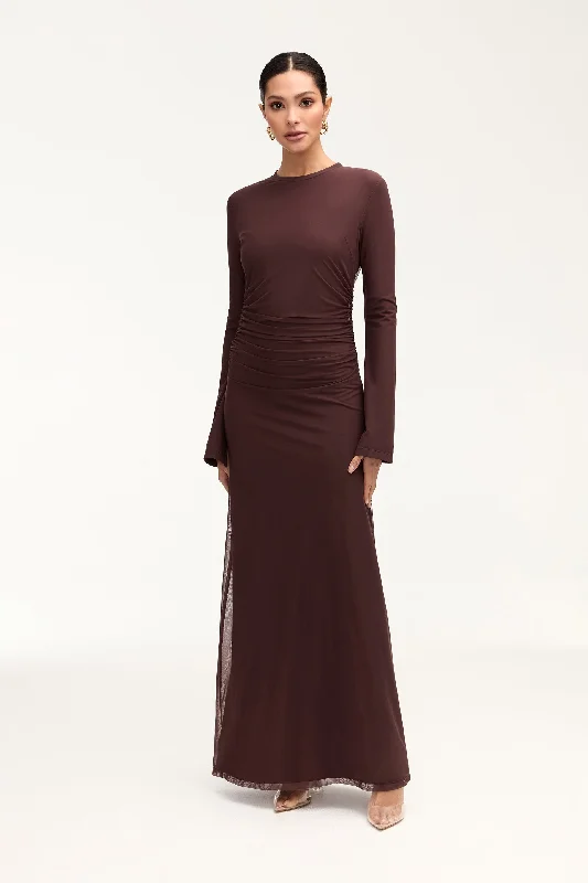 Price Slash Event Arianna Rouched Mesh Maxi Dress - Espresso