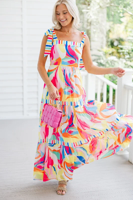 Weekend Shopping Fiesta At This Point Pink Multi Abstract Maxi Dress