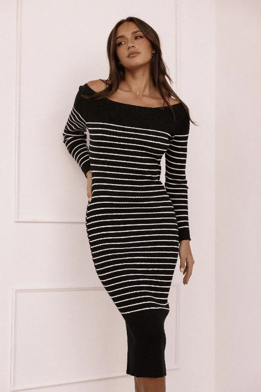 Weekend Bargain Shopping Baxtor Off The Shoulder Midi Dress - White/Black