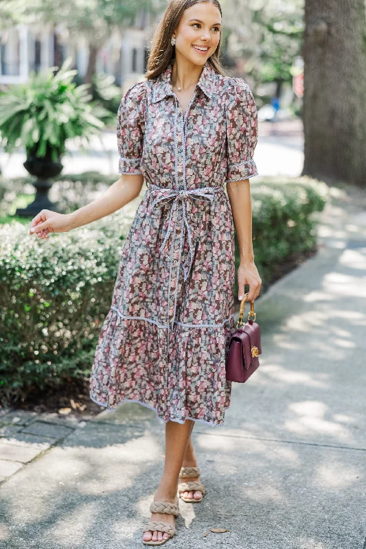 Flash Discounts Be With Me Brown Ditsy Floral Midi Dress