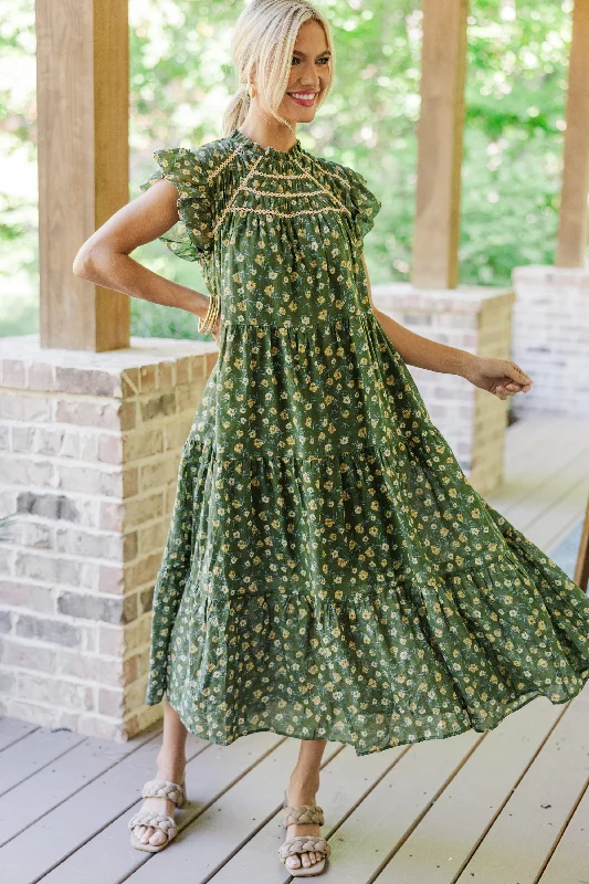 Weekend Price Drop Frenzy Better Than Ever Olive Green Ditsy Floral Midi Dress