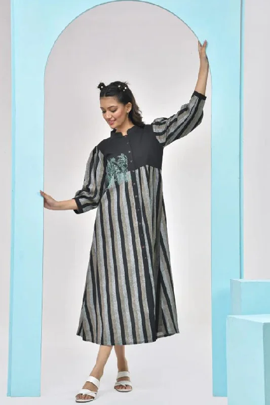 Weekend Mega Deals Black Grey Striped Midi Dress