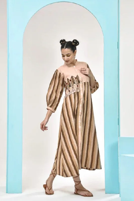 Weekend Super Savings Brown Beige Striped Midi Dress