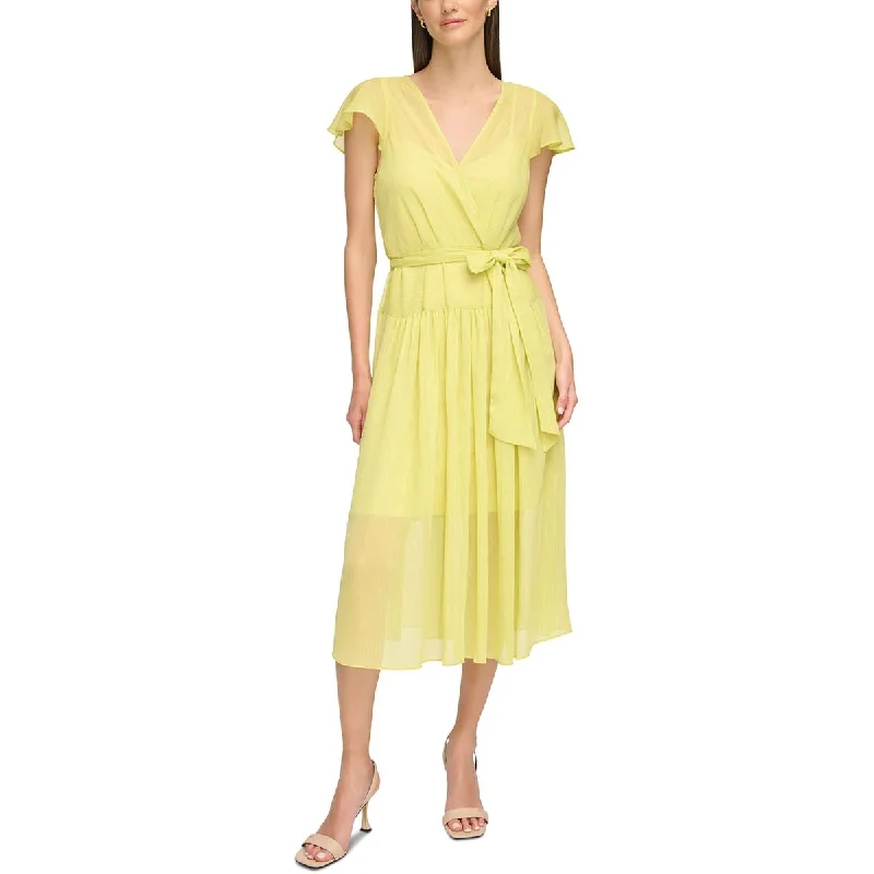Exclusive Discounts Just for You Calvin Klein Womens Metallic Chiffon Wrap Dress