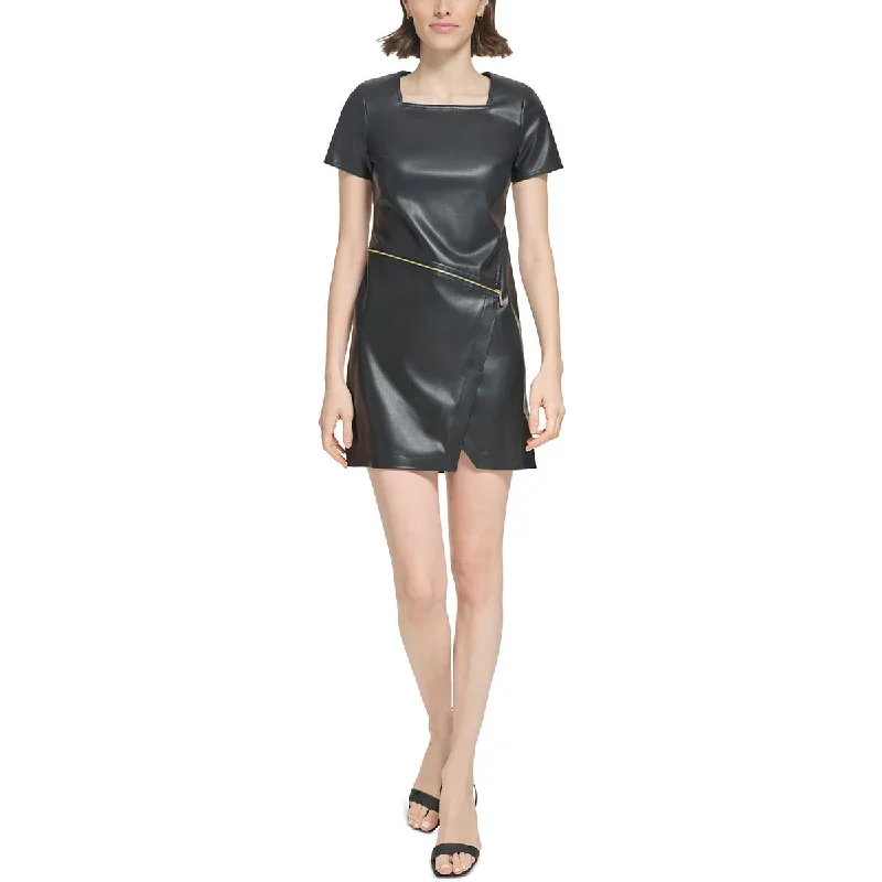 Weekend Exclusive Offers Calvin Klein Womens Petites Faux Leather Short Sheath Dress