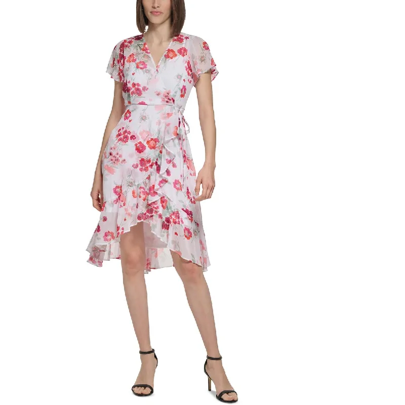 Weekend Savings Mania Calvin Klein Womens Petites Faux-Wrap Ruffle Wrap Dress