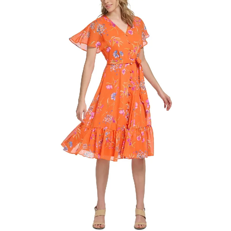 Weekend Special Offers Calvin Klein Womens Petites Floral Print Knee Length Fit & Flare Dress