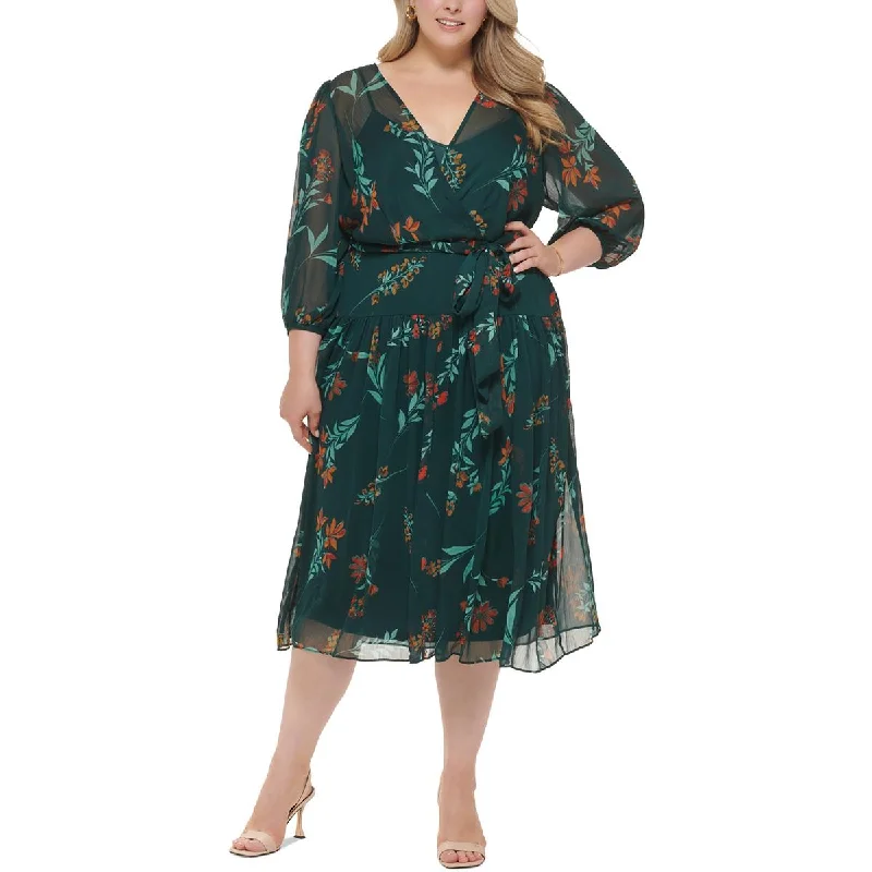 Weekend Low Prices Calvin Klein Womens Plus Chiffon Floral Fit & Flare Dress