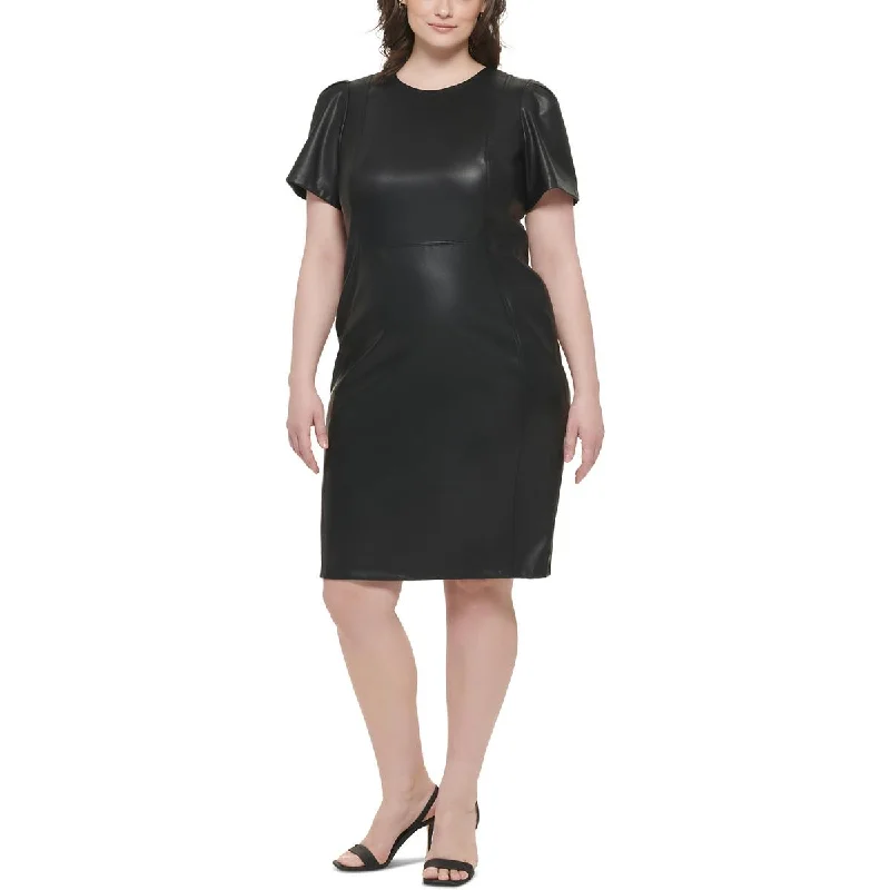 Weekend Flash Offers Calvin Klein Womens Plus Faux Leather Knee-Length Sheath Dress