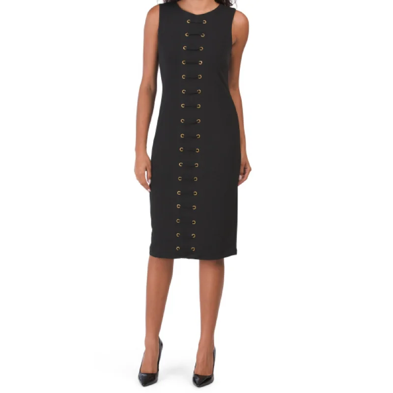 CARMEN MARC VALVO Lace up Grommet Trim Midi Cocktail Party Dress