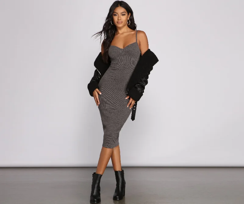 Stylish Sweetheart Ribbed Charming Knit Midi Dress