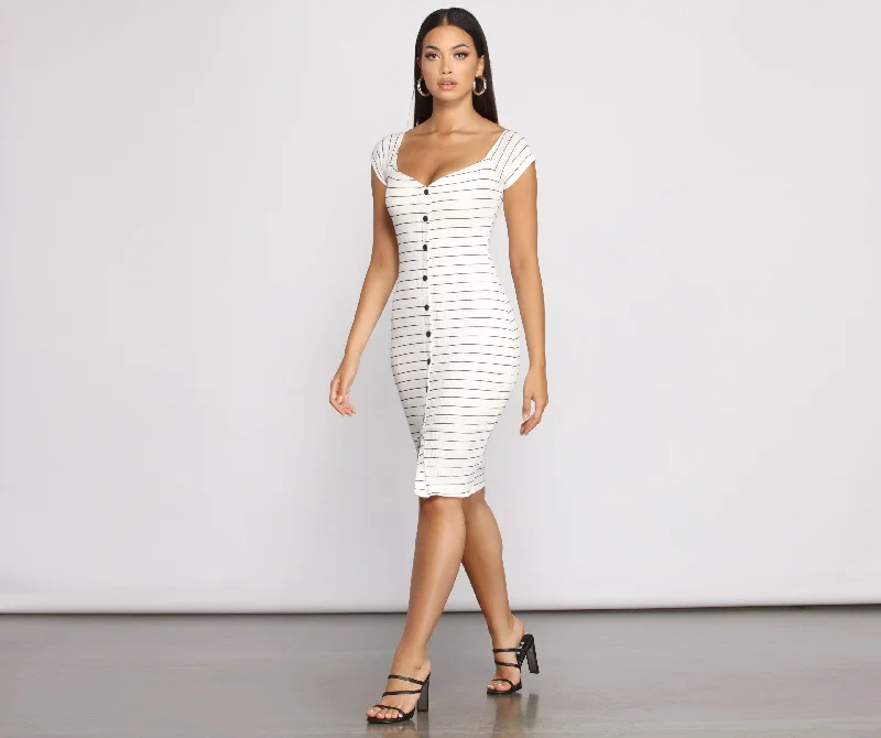 Stripe It Down Ribbed Graceful Button Down Midi Dress