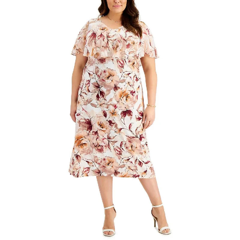 Connected Apparel Womens Plus Floral Chiffon Midi Dress