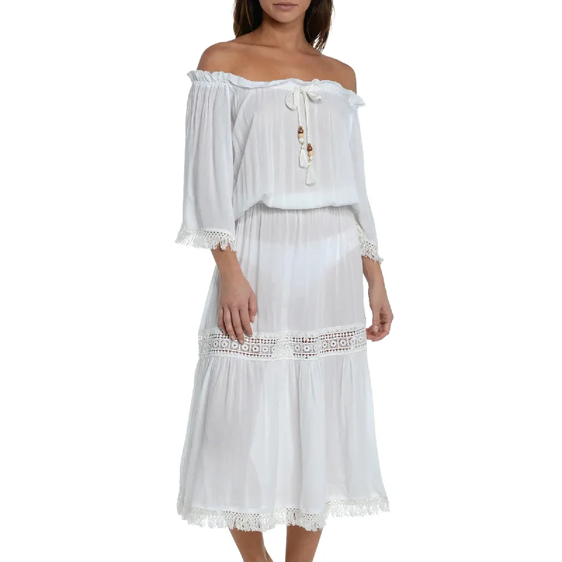 SUNSHINE 79 Women's Crochet Trim Off-the-shoulder Midi Dress Beach Swim Cover-Up